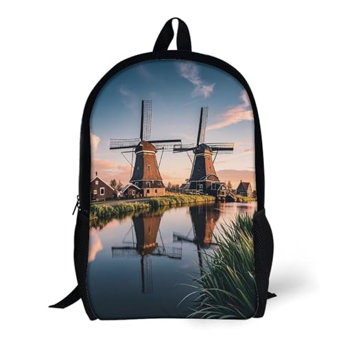 17-Inch Laptop Backpack Water-Resistant Dutch Windmill Daypack with Shoulder Strap Lightweight Casual Rucksack for Travel Commuter Hiking Outdoor Activities 20l Black