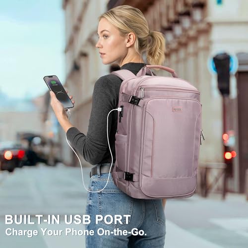 Travel Backpack Carry On Everyday Laptop Backpack Fits 16" Laptop | Flight Approved Luggage Backpack for Men Women, Suitcase-Style Main Pocket, Laptop Compartment, USB Port, for Travel, Daily - color: Ashen Purple
