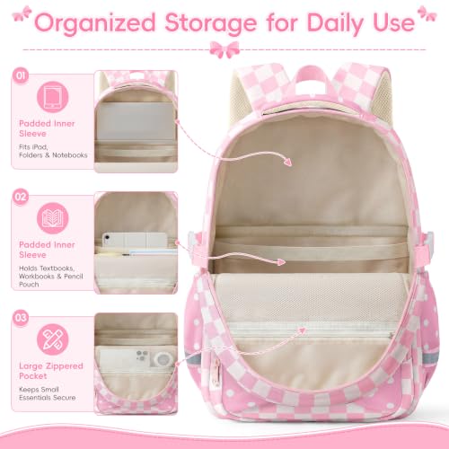 WOBAGMEN Printed Backpack for Adult Women with Bow| Water-Resistant Printed school bag, Spacious Storage for Elementary and Middle School Students（Pink Gingham） - color: Pink Gingham