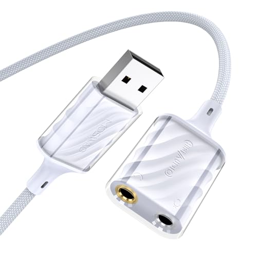 MOSWAG USB to 3.5mm Audio Adapter, External Stereo Sound Card with Dual TRS 3-Pole 3.5mm Headphone and Microphone Jack Adapter for PS4/PS5/PC/Laptop, Built-in Chip Mic-Supported Headphone Adapter