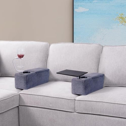Multifunctional Sofa Armrest, Couch Armrest with Wireless Charge Stand, Removable Couch Caddy with Storage,Including LED Reading Light - color: Navy, size: Fabric-1 CUP