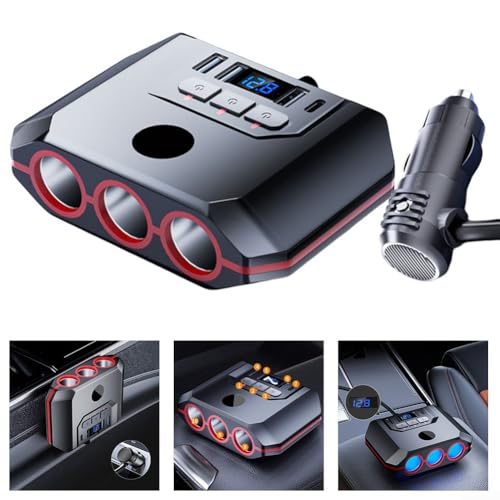 7 in 1 Car Adapter with 4 USB Ports and 3 Sockets, 120W Dual Voltage (12V/24V) Charging Splitter for Cars, Trucks, SUVs, Red