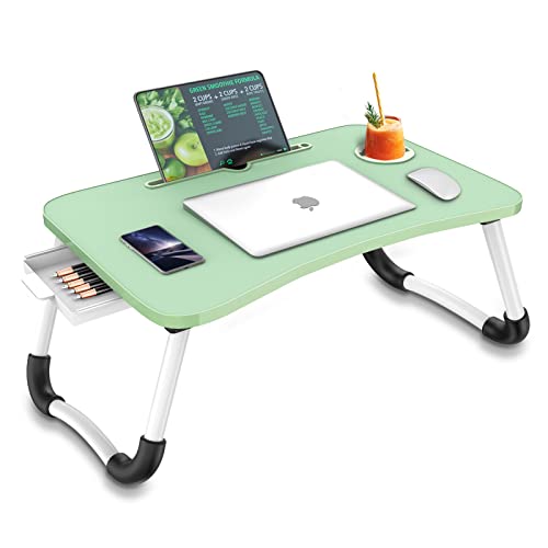 Fayquaze Portable Foldable Laptop Bed Desk with Storage Drawer and Cup Holder - Lap Desk Laptop Stand Tray Table for Eating, Reading and Working - color: Green