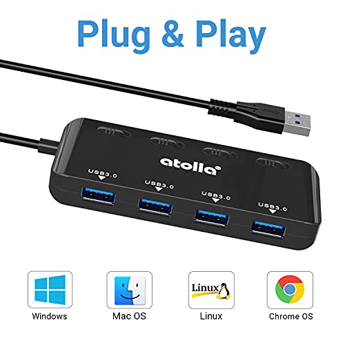 USB Hub, 4-Port USB 3.0 Hub Splitter with 2 ft Extended Cable, Ultra Slim Data USB Extender with Individual Power Switches and LED - size: 2 FT