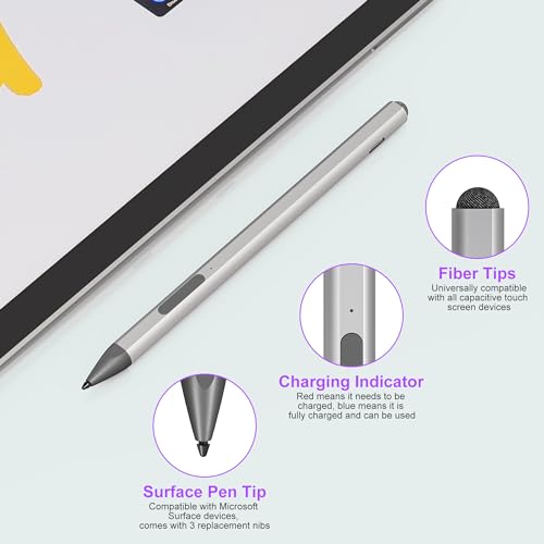 Surface Pen - Surface Pro Pen Stylus for Surface Pro 11/9/10/8/X/7/6/5/4/3, USB-C Fast Charge, 4096 Pressure Sensitivity, Palm Rejection Surface Pen for Surface Go 2/3/4/Book/Laptop/Studio - color: Silver