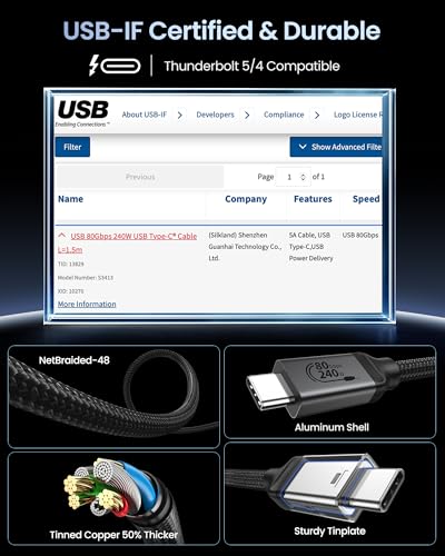 Silkland USB-IF Certified USB4 for Thunderbolt 5 Cable 5FT, 80Gbps 240W 8K | up to 120Gbps Bandwidth, 8K@120Hz/4K@540Hz, Braided USB C Data Cable Compatible for Thunderbolt 4, SSD, MacBook, iPhone17/16 - size: 5 Feet