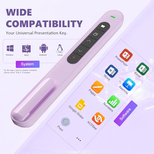 Presentation Clicker for Powerpoint Presentations, Purple, A | Long-Range Wireless Presenter Remote, Magnetic USB Receiver, PowerPoint Clicker Compatible with Windows/Android/macOS/Linux - color: Purple