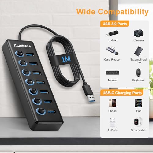 USB 3.0 SuperSpeed Hub with 1M Line, 7 Ports Splitter with Individual Power Switches and LED Light