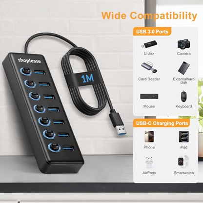 USB 3.0 SuperSpeed Hub with 1M Line, 7 Ports Splitter with Individual Power Switches and LED Light