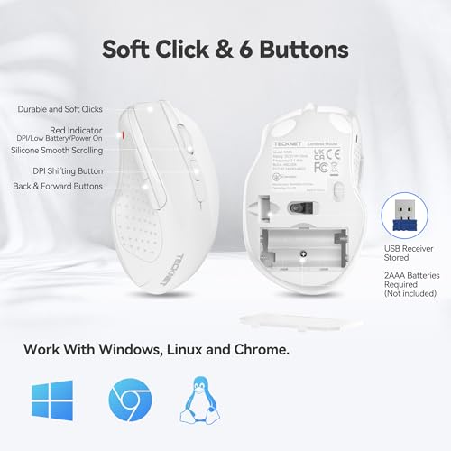 TECKNET Wireless Mouse, 2.4G Ergonomic Computer Mouse, 2600 DPI, White | Ergonomic Design with Side Grips, Adjustable DPI, 2-Year Battery, Compact Size, USB-A Plug & Play, Wide OS Compatibility - color: White