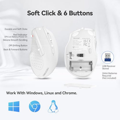 TECKNET Wireless Mouse, 2.4G Ergonomic Computer Mouse, 2600 DPI, White | Ergonomic Design with Side Grips, Adjustable DPI, 2-Year Battery, Compact Size, USB-A Plug & Play, Wide OS Compatibility - color: White