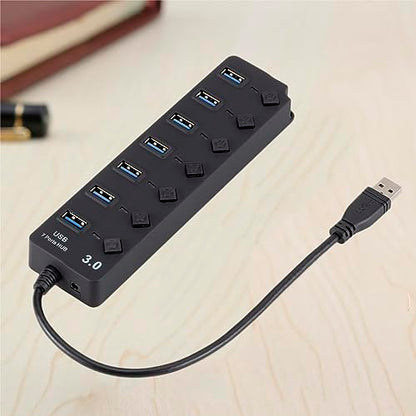 Uonlytech 7-Port USB 3.0 Hub LED Indicators for Computer Laptop and Tablet High-Speed USB Splitter Independent Power Control Black