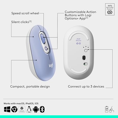 Logitech POP Mouse, Compact and Portable Wireless Bluetooth Mouse - Lilac | Compact, portable, programmable buttons, Easy-Switch between up to 3 devices, for laptop, tablet, PC - color: Lilac