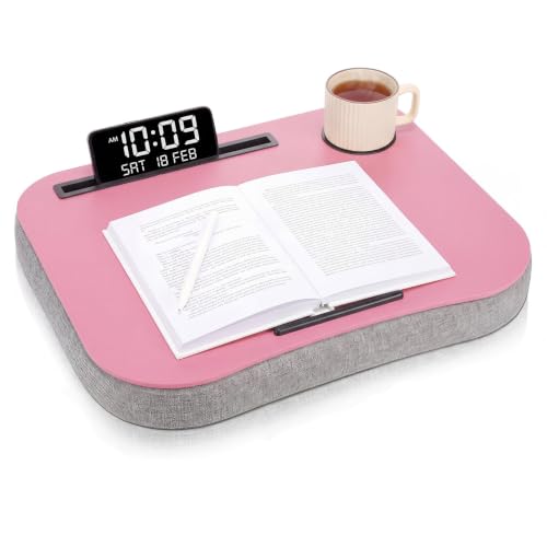 Lewtemi Peach Pink Laptop Lap Desk with Cushion Cup Holder and Stopper Padded and Phone Holder Couch Bed Sofa Fits up to 15.6 Inch Portable Lap Desk for Home Office Study Writing - color: Peach Pink
