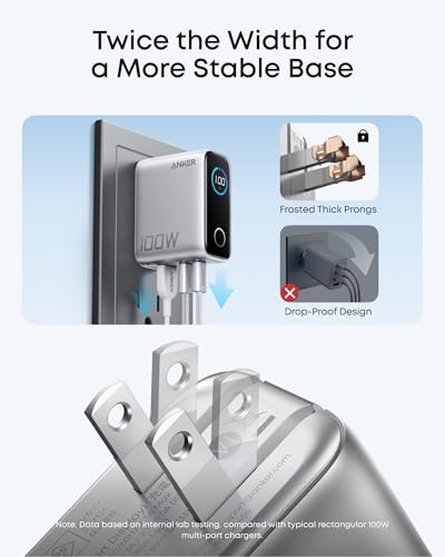 Anker 100W Max USB C Charger, 3-Port GaN Phone Charger with Smart Display | Ultra-Compact Fast Laptop Charger with Touch Control for iPhone 17 Series,iPad,MacBook Pro/Air(Include Cable,Non-Battery) - color: Silver