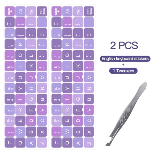 2PCS English Keyboard Stickers with Tweezer, Universal Keyboard Sticker Purple Background with White Lettering Keyboard Letters Replacement Stickers for Computer Laptop Notebook Desktop -English - color: English-purple/White