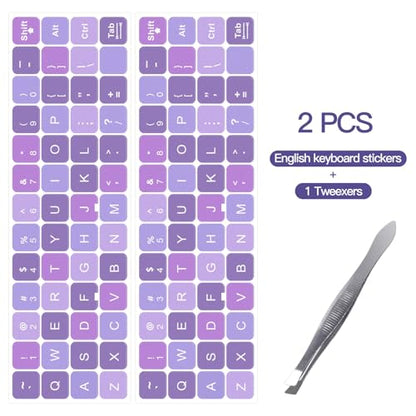 2PCS English Keyboard Stickers with Tweezer, Universal Keyboard Sticker Purple Background with White Lettering Keyboard Letters Replacement Stickers for Computer Laptop Notebook Desktop -English - color: English-purple/White