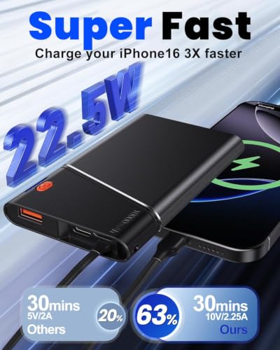 Aaoyun 10000mAh Portable Power Bank, 22.5W PD Fast Charging Battery Pack with Built-in USB-C Cable, Ultra-Slim External Phone Charger for iPhone 17/16/15, Samsung Galaxy S24, Android (Grey) - color: Grey-10000mah