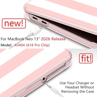 Batianda Case for MacBook Neo 13 Inch 2026 Model A3404, Pink Stripe | 4-in-1 Laptop Accessories Bundle with Pink Stripe Design, Ultra Slim Hard Shell for Girls, Students and Preppy Style Users - color: Pink Stripes