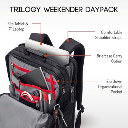 Trilogy Weekender Daypack I Opens like a suitcase, for easy packing. Expands into a 22-liter weekender bag. Hidden under sling holds yoga mat or sleeping bag, and doubles as a rear cover (Black) - color: Black