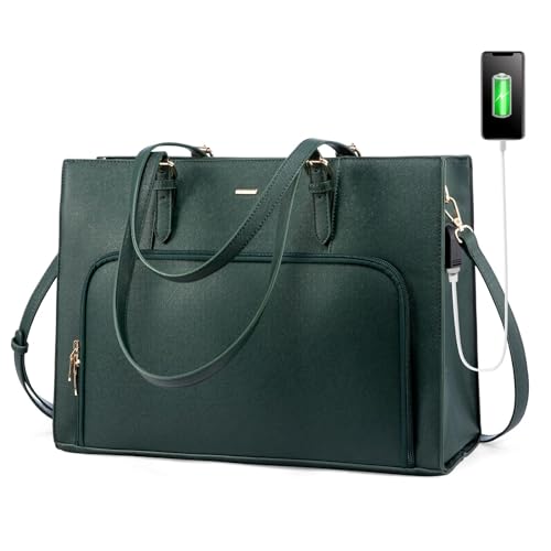 LOVEVOOK Laptop Bag for Women 15.6 inch Waterproof Work Tote Bag Briefcase with USB Charging Port PU Leather Computer Handbag Shoulder Bag Large Professional Teacher Bag for Travel Business School - color: Green