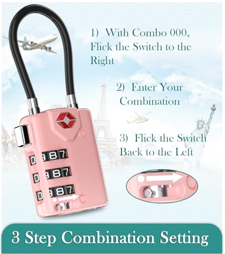 Search Alert TSA Approved Travel Combination Luggage Cable Locks for Suitcase, Gym Locker,Toolbox,Backpack 1,2,4,6 &10 pk (Pink 2 Pack) - color: Pink 2 Pack