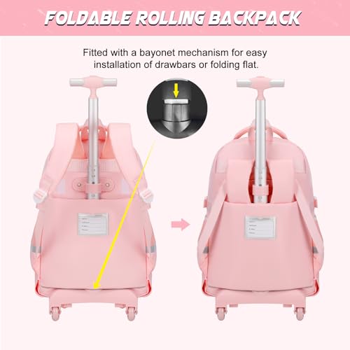 DIGOBAY Rolling Backpack for Girls, Roller Bag with Lunch Box Pencil case | Kawaii Girls Roller Backpack With Wheels School Bookbag With Cute Pins for Elementary Middle School, Pink - color: Pink