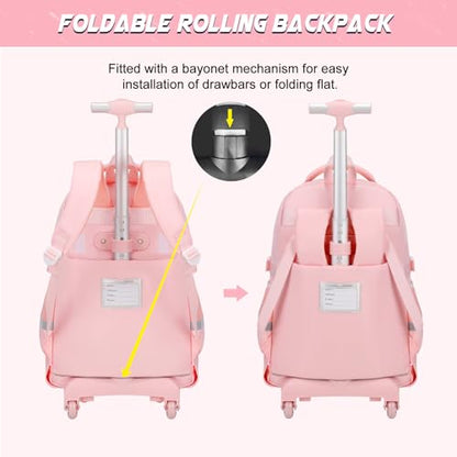 DIGOBAY Rolling Backpack for Girls, Roller Bag with Lunch Box Pencil case | Kawaii Girls Roller Backpack With Wheels School Bookbag With Cute Pins for Elementary Middle School, Pink - color: Pink