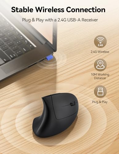 TECKNET Wireless Ergonomic Mouse, Rechargeable Wireless Vertical Mouse | Rechargeable Mouse Black, 2.4GHz USB Receiver, Silent Click, 6 Adjustable DPI up to 4800, 6 Buttons for Laptop, PC & MacBook - color: Black