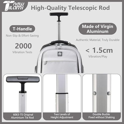 NEW TILAMI 19 Inch Rolling Backpack for School Travel with 4 Spinner Wheels | 360°rotating Universal Wheel, Large Organizer Compartments, Adjustable Handle, Carry on for School Students Business Travel - color: Pure White