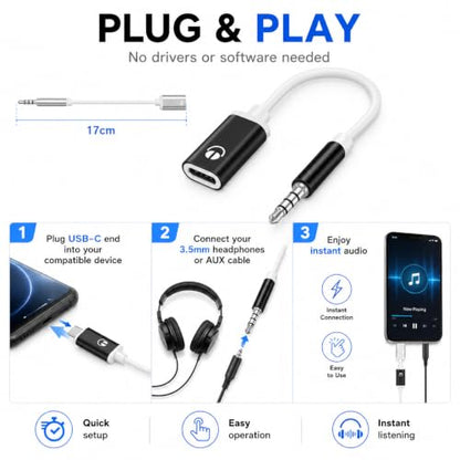 USB C to 3.5mm Analog Audio Adapter, Pure Analog Signal Headphone Converter with Noise Cancellation for Type-C Devices (Black)