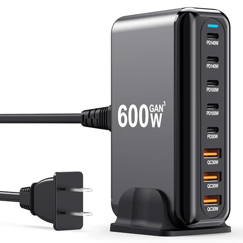 USB C Charger Block 600W Multi Port USB Fast Charging Station Hub GaN PPS PD 140W 100W Type C Wall Charger Power Adapter for Multiple Laptop iPad iPhone 17 MacBook Galaxy S26 Android Pixel 65W 45W 20W