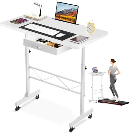 GTPLAYER Small Standing Desk Adjustable Height Small Computer Desk Mobile Portable Rolling Laptop Table with Wheels 32" Computer Workstation Sit Stand Desks Portable Standing Table Treadmill desks - color: White