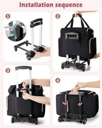 Marscamd Rolling Teacher Bag with 15.6" Laptop Compartment for Work | Multi-Slot Front Pocket, Detachable Trolley & Shoulder Straps, Water-Resistant, Women Work Briefcase Tote with Wheels (Black) - color: Black