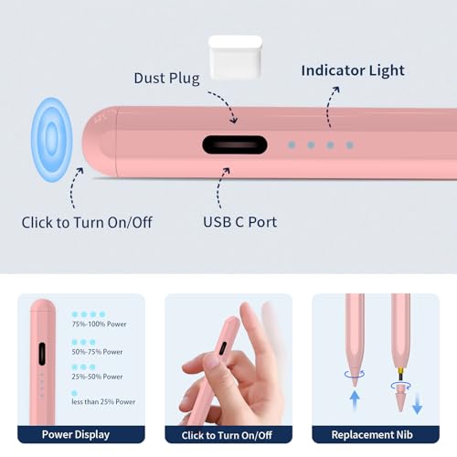 Stylus Pen for iPad,(2018-2026) Fast Charge with Tilt Sensitivity & Palm Rejection Compatible with iPad Pro 11"/12.9", iPad mini 5/6, iPad Air 3/4/5, iPad 6/7/8/9/10 (PK) - color: PK