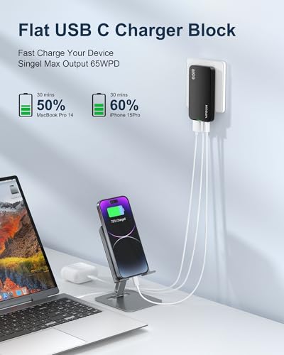 65W GaN USB C Wall Charger Block,3 Port Ultra Thin Flat USB-C Charging Plug,Foldable USB Power Adapter for MacBook,iPhone 15/16,Samsung (Black) - color: Black
