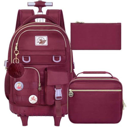 CCJPX Rolling Backpack for Girls, 21 inch Women Roller Wheels School Bookbag, Laptop Wheeled Water Resistant Wheeled Bookbag Set - Red - color: Red
