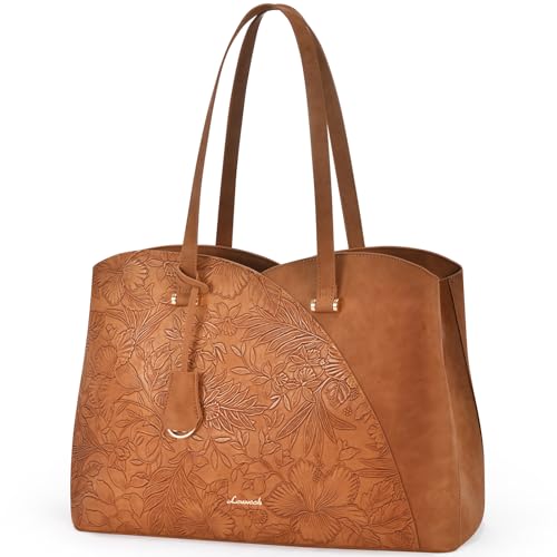 LOVEVOOK Work Tote Bag for Women, Vintage Leather Laptop Bag Teacher Tote Bag, Professional 15.6 Inch Computer Bag, Large Tote Purse Handbag With Laptop Compartment,Brown - color: Brown-embossed, size: 15.6 Inch