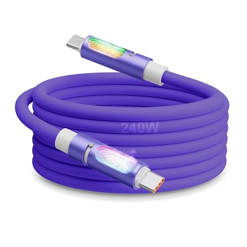 240W USB C to USB C Cable 4ft, Purple Liquid Silicone Fast Charging Type C Cable with Aromatherapy & RGB LED, PD 3.1 E-Marker, Compatible with iPhone 16/15 Pro, MacBook, Galaxy S24 - size: 4Ft purple