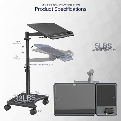 VIVO Black 15 x 12 inch Laptop Cart with Extension Arm, CART-H10L | Mobile Over Sofa Rolling Tablet Stand, Adjustable Height and Tilt, Full Arm Rotation, Holds up to 16 inch Laptops