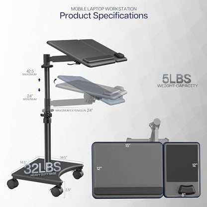 VIVO Black 15 x 12 inch Laptop Cart with Extension Arm, CART-H10L | Mobile Over Sofa Rolling Tablet Stand, Adjustable Height and Tilt, Full Arm Rotation, Holds up to 16 inch Laptops