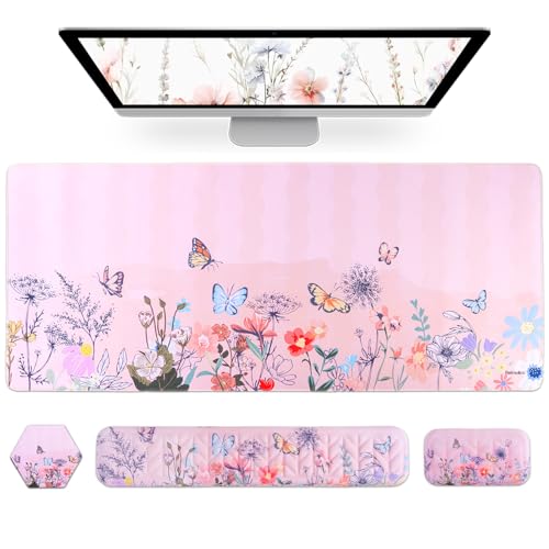 Petmolico 4-in-1 Wrist Rest Set with Desk Pad, Pink Wild Flowers | Non-slip PU base, soft Lycra & memory foam, ergonomic pain relief, great for home/office - color: Pink
