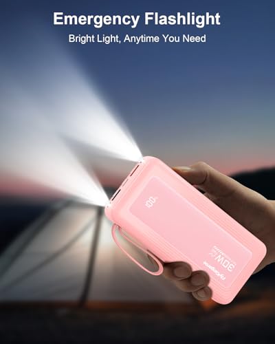 Portable Charger 27000mAh 30W Fast Charging Power Bank | Built-in Cables, LED Display, 6 Outputs & 2 Inputs, USB C Battery Pack, Compatible with iPhone, Samsung, Google - color: Pink, size: 27000Mah