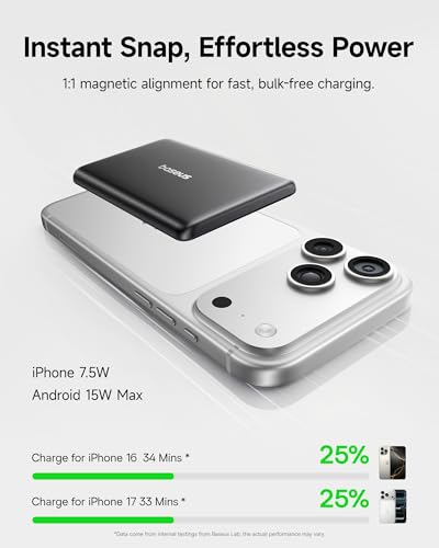Baseus Picogo Power Bank, Smallest 5,000mAh Magnetic Wireless Charger with USB-C Braided Cable, Fast Charging Portable Battery Pack, NTC Safety Alloy Travel Essential for iPhone 17 Pro Max/17 Air/17e - color: Cosmic Black