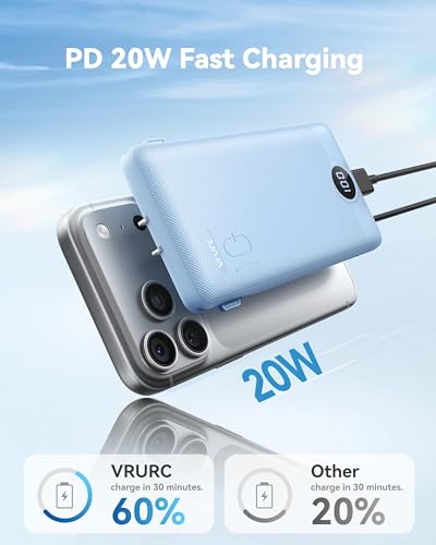 VRURC 10000mAh Portable Charger with Built-in Cables and AC Plug, Blue | 22.5W fast charge, LED display, Micro, USB-C and Phone cables, 4 outputs, 8 oz, airline approved - color: Blue