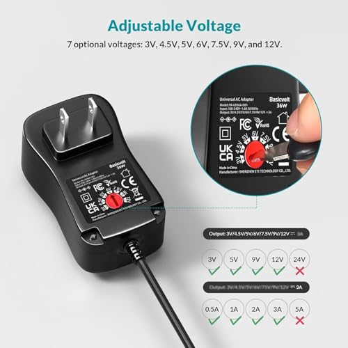 3V-12V 3A Universal AC Adapter Kit Multi-Volts Adjustable Power Supply 36W | DC 3V 4.5V 5V 6V 7.5V 9V 12V 3000mA 2A 1A Power Cord , Variable Power Adapter, for LED Strip Light CCTV Camera Speaker Router - size: 36W 3-12V