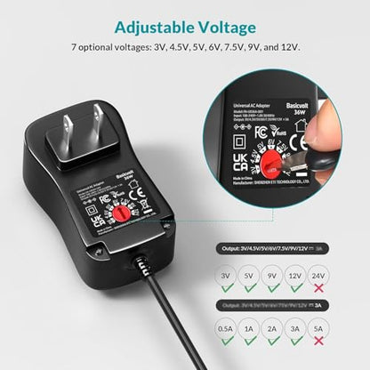 3V-12V 3A Universal AC Adapter Kit Multi-Volts Adjustable Power Supply 36W | DC 3V 4.5V 5V 6V 7.5V 9V 12V 3000mA 2A 1A Power Cord , Variable Power Adapter, for LED Strip Light CCTV Camera Speaker Router - size: 36W 3-12V