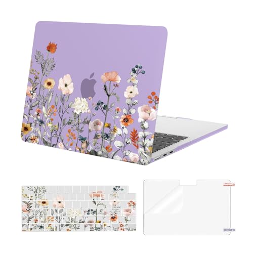 MOSISO Compatible with MacBook Air 13 inch Case M5 2026 M4 2025 M3 M2 2024-2022 A3449 A3240 A3113 A2681, Plastic Garden Flowers Hard Shell&Keyboard Cover&Screen Film for MacBook Air 13.6, Purple - color: Purple