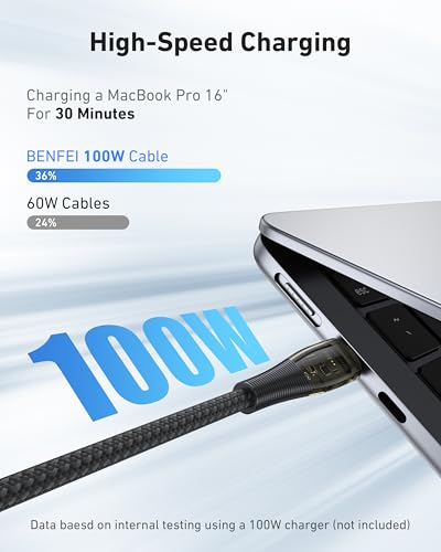 BENFEI 100W USB C to USB C Cable [3-Pack 3.3 Feet], Transparent Fast Charging Cable for iPhone 17/16/15 Pro Max/Plus, iPad, MacBook, Samsung Galaxy S25/S24/S23, Google Pixel