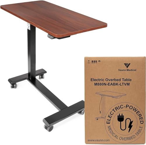 Vaunn Medical Electric Overbed Table Bedside Height Adjustable Table with Wheels (Electric-Powered, Hospital and Home Use) - Brown (Organic Modern)